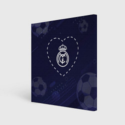Холст квадратный Лого Real Madrid в сердечке на фоне мячей, цвет: 3D-принт