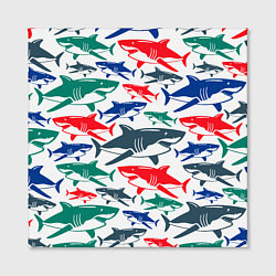 Холст квадратный Стая разноцветных акул - паттерн, цвет: 3D-принт — фото 2