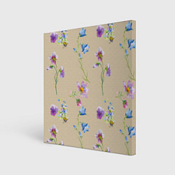 Холст квадратный Нарисованные Цветы Колокольчики и Пчёлы, цвет: 3D-принт