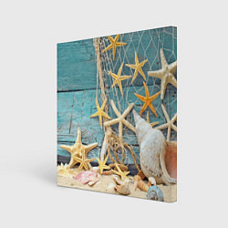 Холст квадратный Натюрморт из сети, морских звёзд и ракушек - лето, цвет: 3D-принт