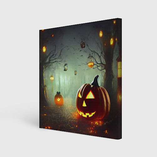 Картина квадратная Тыква на Хэллоуин в ночном туманном лесу / 3D-принт – фото 1