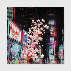Холст квадратный Ветка сакуры на фоне ночного Токио - glitch, цвет: 3D-принт — фото 2