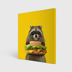 Картина квадратная Голодный енот с бургером