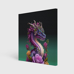 Холст квадратный Неоновый дракон с цветами, цвет: 3D-принт