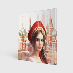 Холст квадратный Девушка в кокошнике с косой - кремль, цвет: 3D-принт