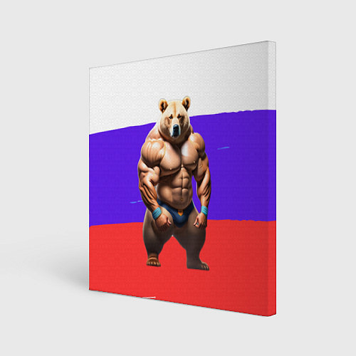 Картина квадратная Накаченный медведь на Российском флаге / 3D-принт – фото 1