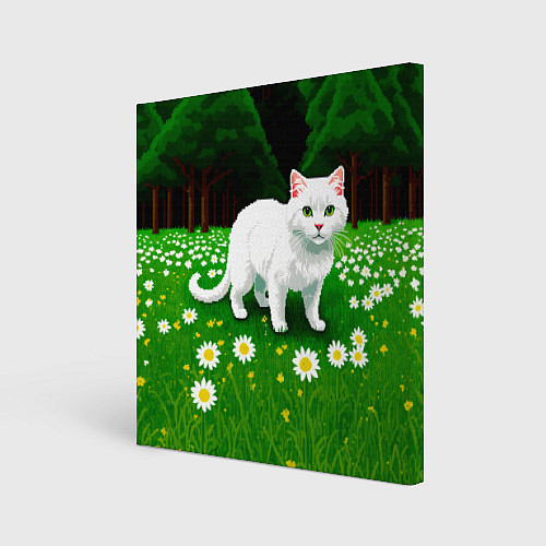 Картина квадратная Белый кот на лугу пиксель арт / 3D-принт – фото 1