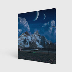 Холст квадратный Ночные горы в природе и небо с нло, цвет: 3D-принт
