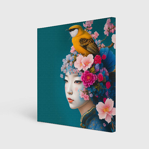 Картина квадратная Японка с птицей на фоне цветущей сакуры / 3D-принт – фото 1
