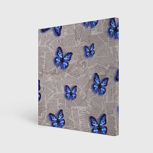 Картина квадратная Газетные обрывки и синие бабочки / 3D-принт – фото 1