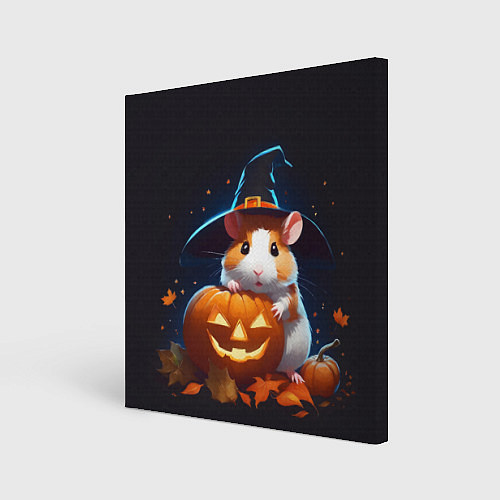 Картина квадратная Хомяк в шляпе ведьмы и тыква на Хэллоуин / 3D-принт – фото 1
