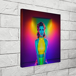 Холст квадратный Девушка в жёлтом топе медитирует в неоновой комнат, цвет: 3D-принт — фото 2