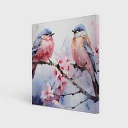 Холст квадратный Птицы в ветвях сакуры акварель, цвет: 3D-принт