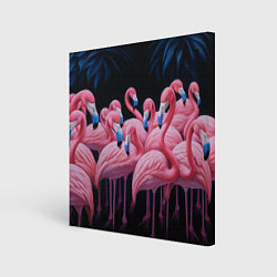 Холст квадратный Стая розовых фламинго в темноте, цвет: 3D-принт