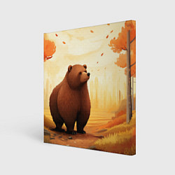 Холст квадратный Мишка в осеннем лесу фолк-арт, цвет: 3D-принт