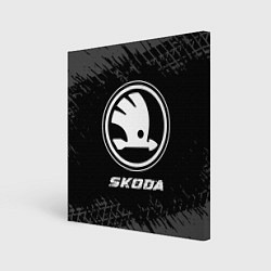 Холст квадратный Skoda speed на темном фоне со следами шин, цвет: 3D-принт