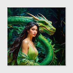 Холст квадратный Нейросеть - девушка с зелёным драконом, цвет: 3D-принт — фото 2