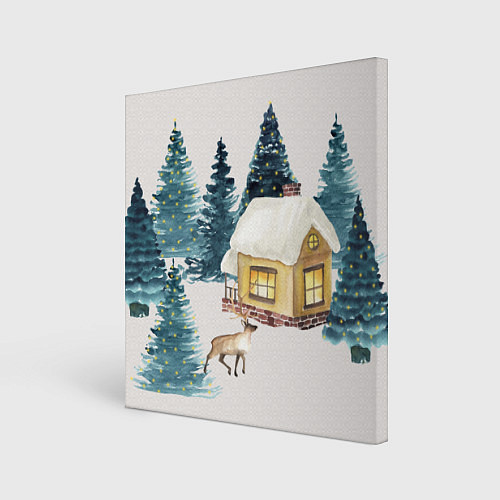 Картина квадратная Зимний дом в лесу с оленем / 3D-принт – фото 1