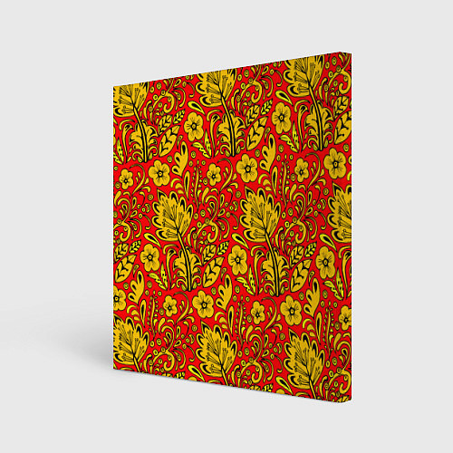 Картина квадратная Хохломская роспись золотистые цветы на красном фон / 3D-принт – фото 1