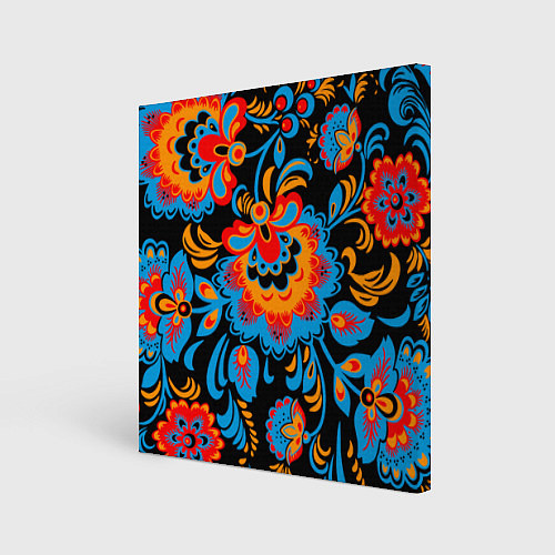 Картина квадратная Хохломская роспись разноцветные цветы на чёроном ф / 3D-принт – фото 1