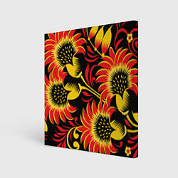 Холст квадратный Хохломская роспись красно-золотистые цветы на чёрн, цвет: 3D-принт