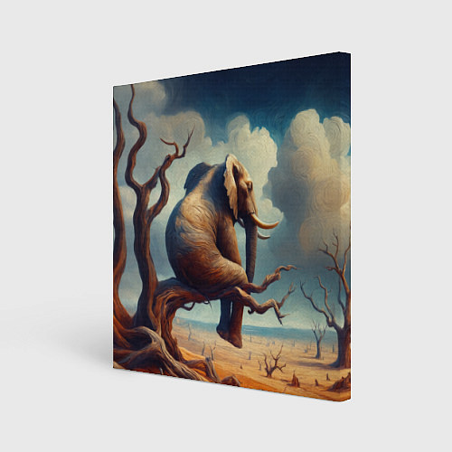 Картина квадратная Слон сидит на ветке дерева в пустыне / 3D-принт – фото 1