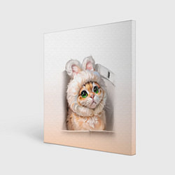 Холст квадратный Милый кот-мем в шапке с ушками - бежевый градиент, цвет: 3D-принт
