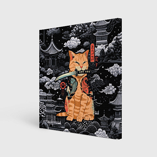Картина квадратная Рыжий кот самурай с саблей / 3D-принт – фото 1