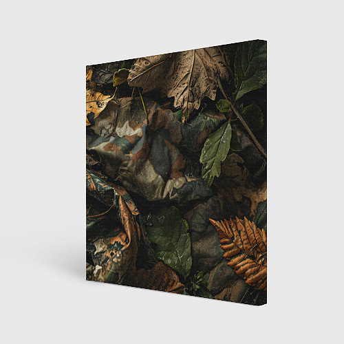 Картина квадратная Реалистичный охотничий камуфляж из ткани и листьев / 3D-принт – фото 1
