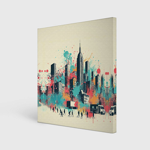 Картина квадратная Силуэты людей и небоскребов в брызгах краски / 3D-принт – фото 1