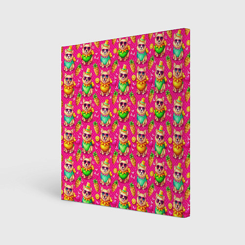 Картина квадратная Щенята и летний вайб паттерн / 3D-принт – фото 1