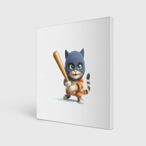 Картина квадратная Прикольный котёнок с бейсбольной битой и в балакла / 3D-принт – фото 1