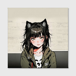 Холст квадратный Девушка-кошка в болотной толстовке, цвет: 3D-принт — фото 2
