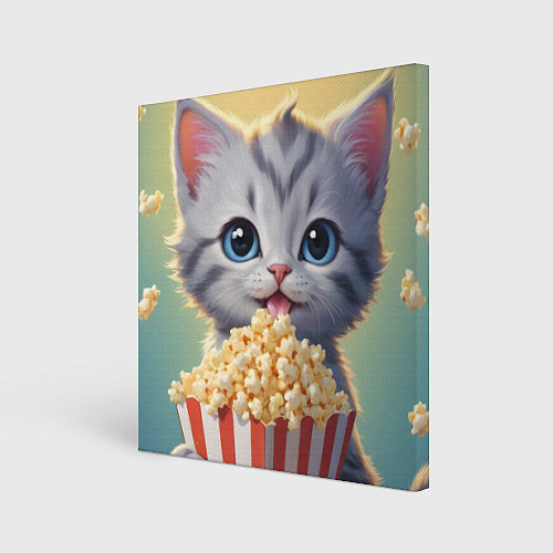 Картина квадратная Поп-корн и котенок / 3D-принт – фото 1