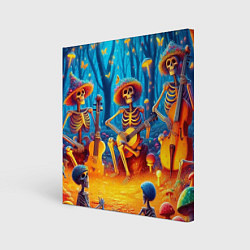 Холст квадратный Музыкальная группа скелетов на лесной поляне, цвет: 3D-принт