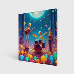 Холст квадратный Квинтет скелетов музицирует на грибной поляне, цвет: 3D-принт