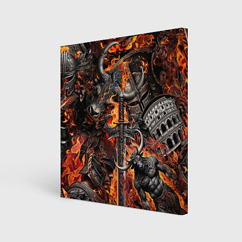 Картина квадратная Гладиатор и минотавр на фоне огня мечей и щитов / 3D-принт – фото 1