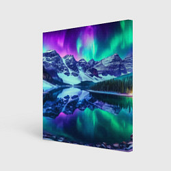Холст квадратный Северное сияние над горами - неоновое свечение, цвет: 3D-принт