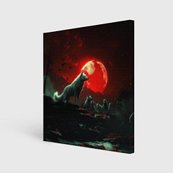 Холст квадратный Белый волк на фоне красной луны, цвет: 3D-принт