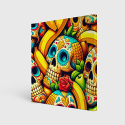 Холст квадратный Colorfull skulls and bananas - pop art pattern, цвет: 3D-принт