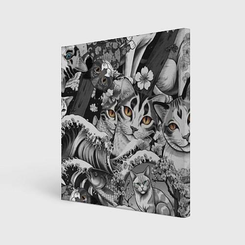 Картина квадратная С котами и рыбой на фоне сакуры в волнах / 3D-принт – фото 1