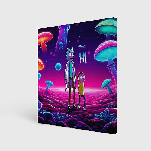 Картина квадратная Морти и Рик на планете неоновых сказочных грибов / 3D-принт – фото 1