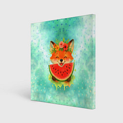 Холст квадратный Веселая лисичка ест арбуз, цвет: 3D-принт