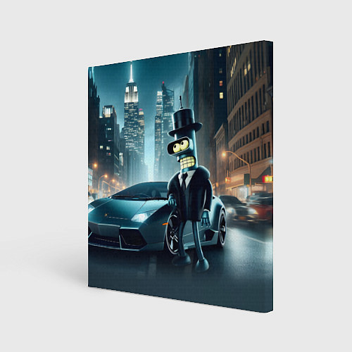 Картина квадратная Бендер рядом с Ламборджини - неоновый Нью-Йорк / 3D-принт – фото 1