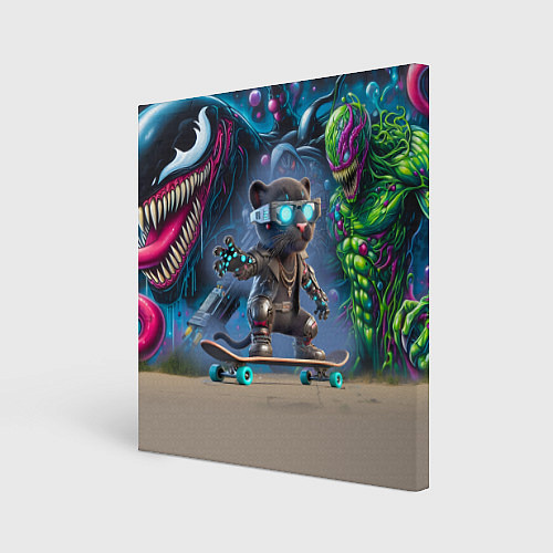 Картина квадратная Пантерёнок крутой скейтбордист на фоне граффити / 3D-принт – фото 1