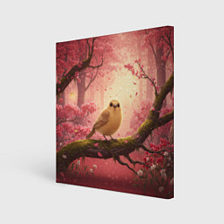 Холст квадратный Желтая птица в розовом цветущем лесу, цвет: 3D-принт