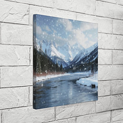 Холст квадратный Снежный горный пейзаж с елями и рекой, цвет: 3D-принт — фото 2