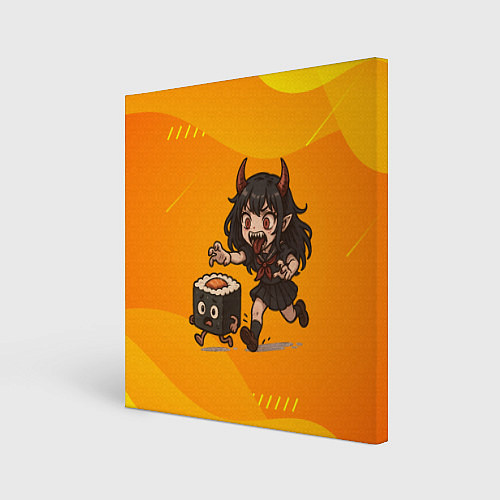 Картина квадратная Девочка дьявол бежит за роллом / 3D-принт – фото 1