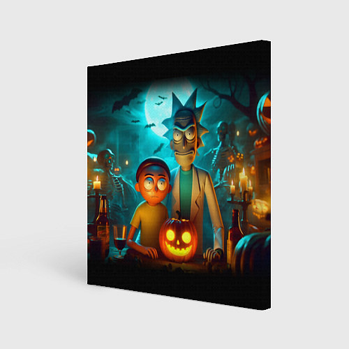 Картина квадратная Morty and Rick with pumpkin - neon halloween / 3D-принт – фото 1