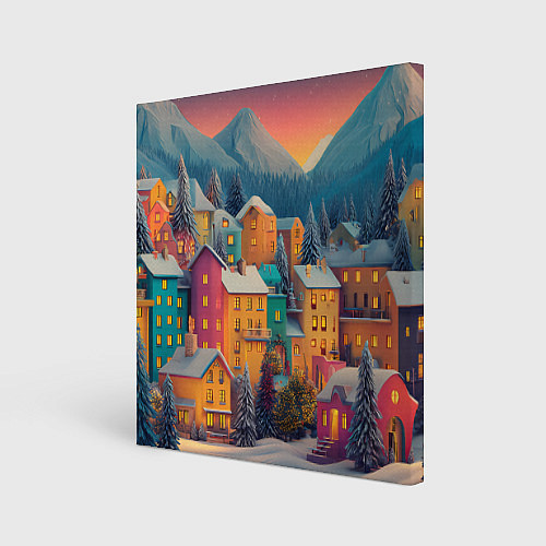 Картина квадратная Новогодний город в горах / 3D-принт – фото 1